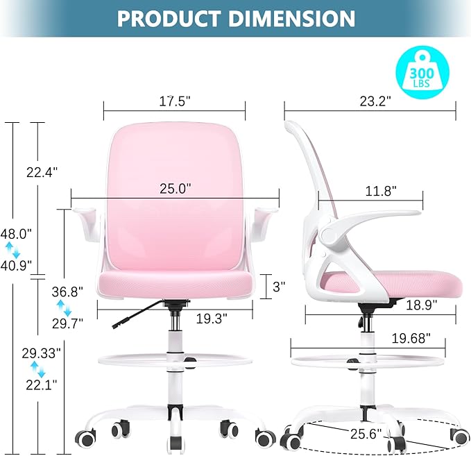 Kensaker Drafting Chair Tall Office Chair, Ergonomic Standing Desk Chair with Adjustable Foot Ring and Flip-up Armrests, Mesh Computer Chair for Art Studio, 300 LBS, Pink