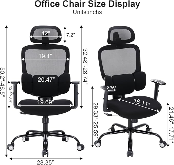 Office Chair Ergonomic Desk Chairs with Adjustable Lumbar Support & Headrest, Mesh High Back Home Office Desk Chairs with Adjustable Height Armrests, Comfy Swivel Task Computer Chair