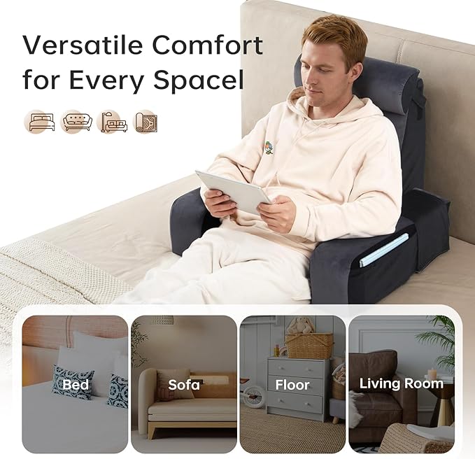 Vekkia 21" Reading Pillow for Bed Sitting Up – 60° Ergonomic Wedge Back Support with Adjustable Arms & Headrest, XL Side Pockets, Bed Chair for TV, Gaming, Working, Nursing, Recovery