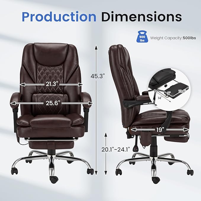 HOMREST 6-Point Massage Office Chair,Heated Executive Ergonomic Home Office Desk Chair with Foot Rest Retractable Height Adjustable Armrest & Lumbar Support PU Leather Brown
