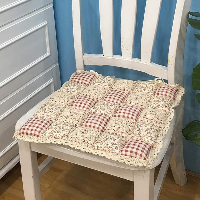 vctops Patchwork Chair Pad with Ties No Slip Lace Trim Chair Cushion Farmhouse Floral Print Kitchen Dining Seat Cushion (305 Red, 16"x16")