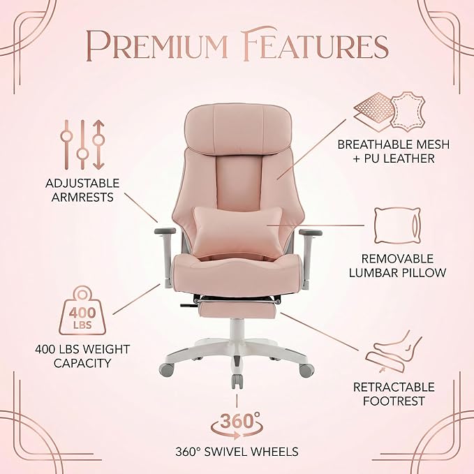 Big and Tall Office Chair 400lbs, Premium PU Leather Executive Chair with Extra Wide Saddle Seat for Cross Legged, 3D Armrests, Footrest, Heavy Duty Ergonomic Reclining Desk Chair (Pink)