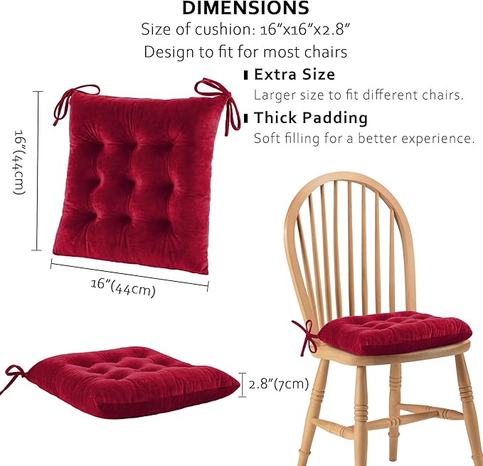 ELFJOY 4 Pack Chair Cushions for Dining Chairs Chair Pads Cushion for Kitchen Office Tufted Square Seat Cushion with Ties (16" Burgundy Velvet)