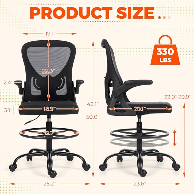 ECOTOUGE Tall Office Chair, Breathable Mesh Drafting Chair with Flip-up Armrests, Ergonomic Computer Standing Desk Chair with Adjustable Footrest Ring and Lumbar Support, Black