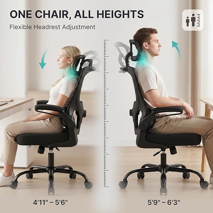 Ergonomic Office Chair, 330lbs Mesh Desk Chair with Adjustable Lumbar Support, 3D Headrest and Flip-Up Arms, Comfortable High Back Computer Chair for Home Office