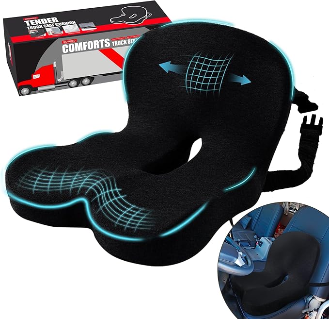 Ergonomic Seat Cushion with Adjustable Strap, Memory Foam Office Chair Seat Cushion with L-Shaped Design, Car Seat Cushion Fits for Truck Driver Semi Truck, Gaming Chair, Desk, Black