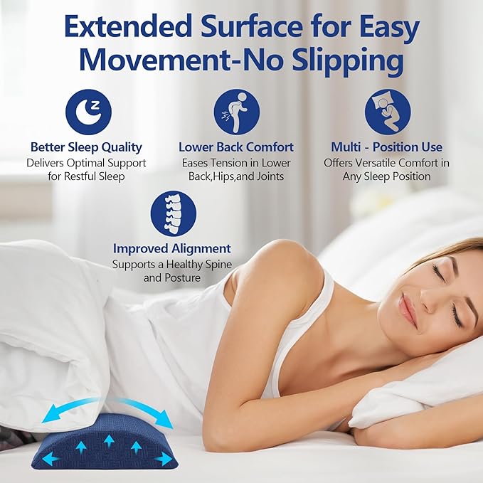 Cozyhealth - 3.15" H*23.6" L - Soft Lumbar Pillow for Sleeping, Memory Foam Back Lumbar Support Cushion for Lower Back Pain Relief Bed Waist Sleep Support Pillow for Side, Back (Dark Blue, Large)