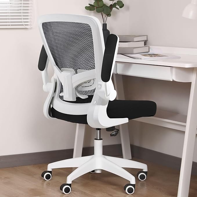 Ergonomic Office Chair 2026 - Mesh Desk Chair with Flip-up Armrests, Adjustable Height and Lumbar, 360° Swivel Comfortable Computer Chairs for Home, Conference Room, Reception, White and Black