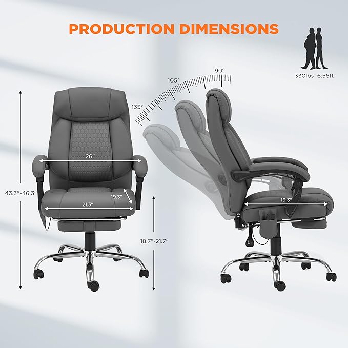 HOMREST Four-Points-Massage Executive Office Chair with Footrest,Reclining Massage Office Chair with Heated,Ergonomic Chair for Home Office Gray
