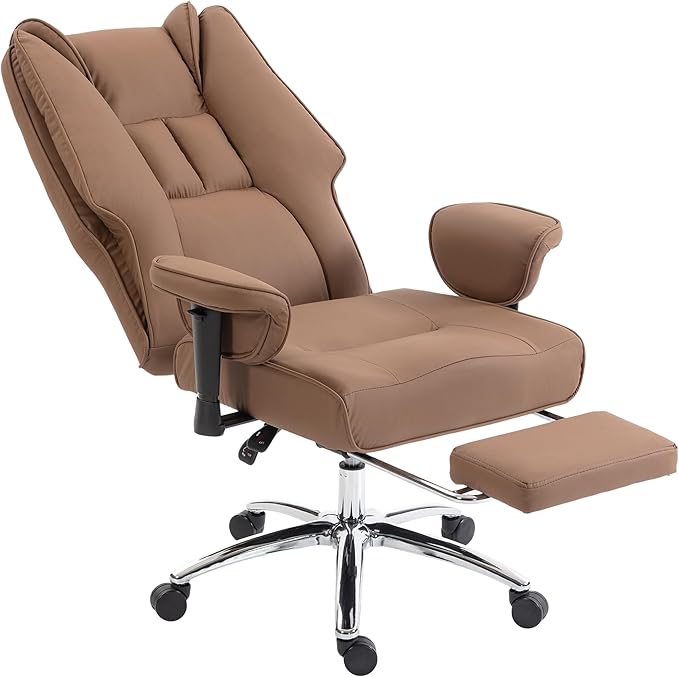 HOMCOM Ergonomic Executive Office Chair with Foot Rest, Reclining Swivel Computer Desk Chair with Adjustable Armrests, Spring Seat, High Back, Thick Cushion, Pet Friendly Faux Leather, Brown