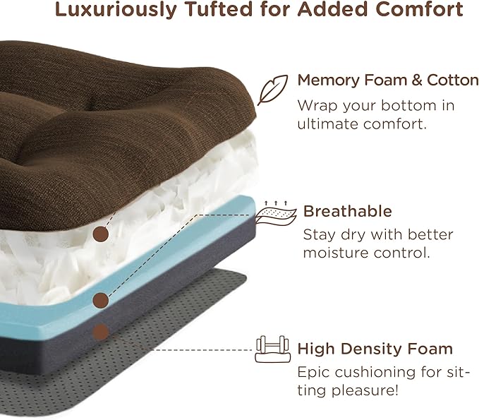 Codi 6 Pack Dining Chair Cushions, Thick Chairs Pads for Indoor Kitchen Room - Washable, Non-Slip Memory Foam Seat Cushion with Ties, 16.5"x16.5"x 3.5", Set of 6, Brown New