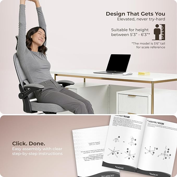 AeroCore M320 Ergonomic Office Chair, High Back Breathable Mesh Computer Chair with Lumbar Support, Adjustable Headrest & Tilt, Flip-Up Arms, 360° Swivel Home Office Desk Chair, Gray