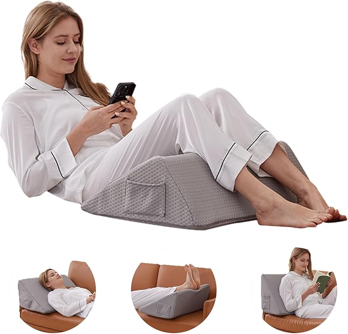 Bedluxe Knee Wedge Pillow, Memory Foam Leg Pillow Knee Pillow for Back Sleeping, Wedge Pillows for Legs Post Surgery, Triangle Pillow for Knee Support, Leg Elevation, Knees Hip Back Pain Relief, Grey