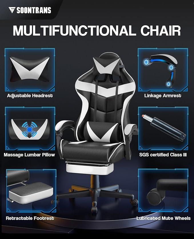 Soontrans White Gaming Chairs with Footrest, Video Game Chairs for Adults Teens,Ergonomic Gamer Chair with Headrest, Lumbar Support Adjustable Recliner Chair(Polar White)