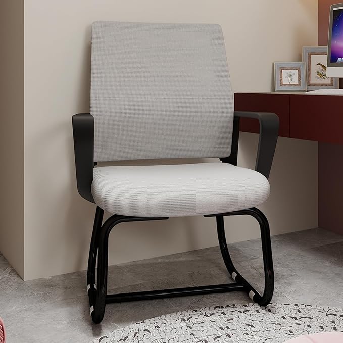 Modern Mesh Office Chair, Ergonomic Desk Chair with Armrests, Breathable Computer Task Seat for Home Work, Sled Base Guest Furniture, Comfortable Lumbar Support, Metal Frame, Black+ Gray