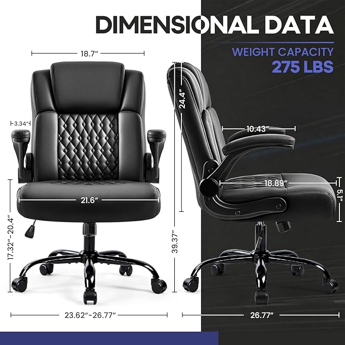 OFIKA Leather Office Desk Chair,Ergonomic Office Chair with Lumbar Support,Computer Chair,Executive Leather Chair with Padded Flip-up Arm,Adjustable Armrests, Black,275LBS