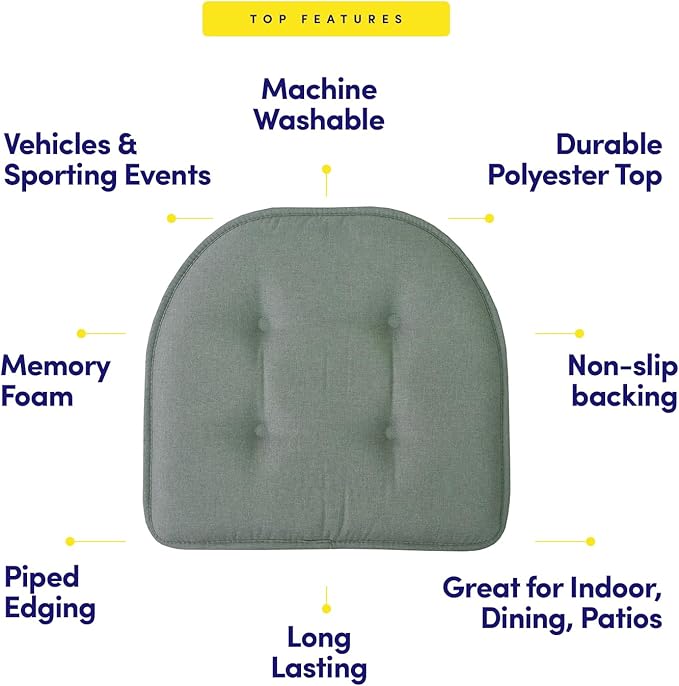 Sweet Home Collection Chair Cushion Memory Foam Pads Tufted Slip Non Skid Rubber Back U-Shaped 17" x 16" Seat Cover, 2 Count (Pack of 1), Scuba Green