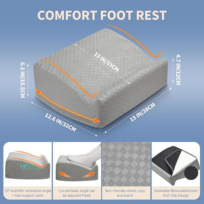 Ergonomic Foot Rest for Under Desk at Work – 15° Tilt Angle Under Desk Footrest with High-Resilience Foam, Velvet Top & Non-Slip Base, Comfortable Foot Stool for Office Chair and Home, Grey