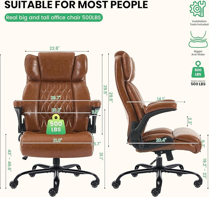 500lbs Big and Tall Office Chair Adjustable Lumbar Support for Back Pain, Extra Wide Seat Executive Office Chair Thick Armrest Pad, Heavy Duty Base&Upgraded Wheels, Ergonomic Comfy Computer Desk Chair