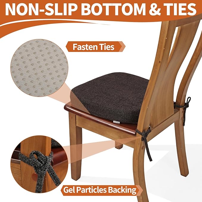 SINOSSO Thickened 2.5" Dining Chair Cushion, Soft Blended High Density Support Foam Kitchen Seat Cushion with Ties, U-Shaped Non-Slip Indoor Chair Pad, 16.5" x 16", 1 PCS, Dark Brown
