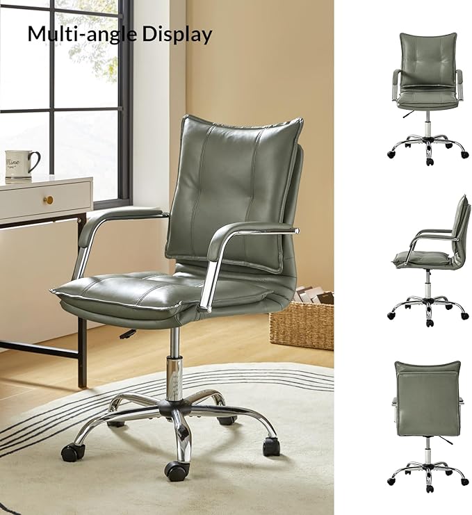HULALA HOME Faux Leather Home Office Desk Chair, Adjustable Swivel Computer Chair with Sliver Legs and Arms, Comfy Upholstered Task Chair(Sage)