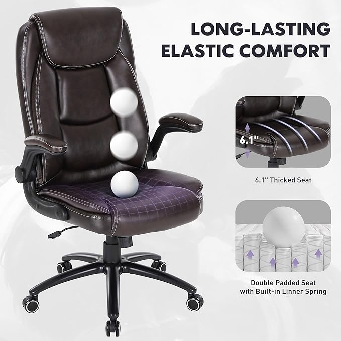 MALOL 300LBS PU Leather High-Back Executive Office Chairs, Heavy Duty Home Ergonomic Computer Chair Flip-Up Armrests & Reclining Backrest, Brown