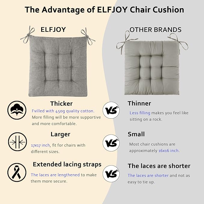 ELFJOY Rocking Chair Cushion Large Rocking Chair Pads with Ties Premium Linen High Back and Seat Cushion 2 Piece Set Linen Grey