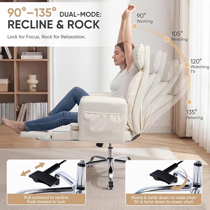 Big and Tall Office Chair with Flip Armrests, Cross Legged Office Chair with Storage Pockets, Comfortable Reclining Computer Chair with Footrest, Wide Home Office Desk Chair, Leather, Beige