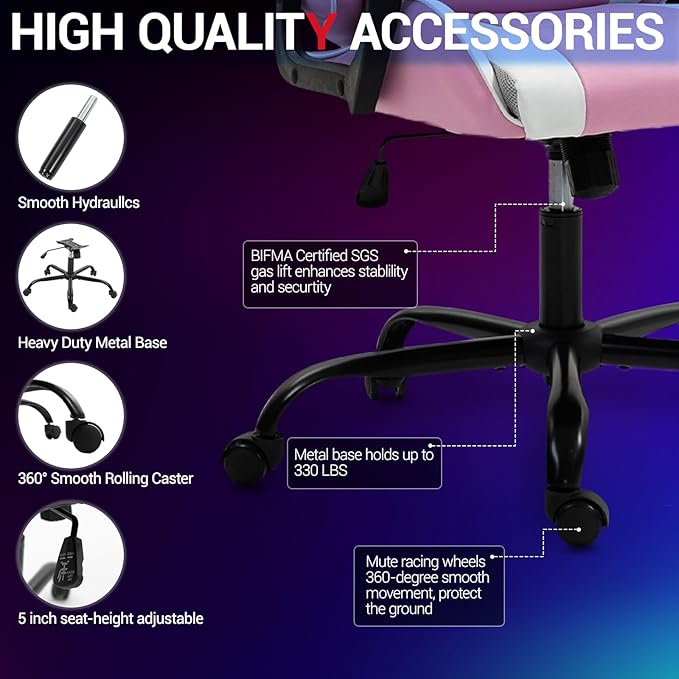 Gaming Chair PU Leather Massage PC Video Game Chair with Lumbar Support for Men Women, Home Office, Height Adjustable, Ergonomic, High Back, Pink