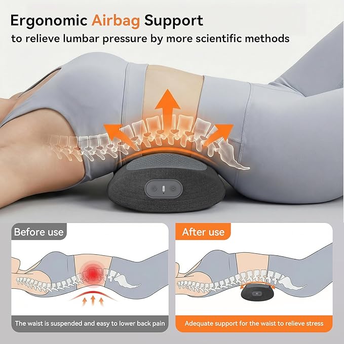 Yunari 3-in-1 Wireless Lumbar Support Pillow, 2-Level Adjustable Hot Compress, Deep Tissue Massage, Intelligent Dual Airbag Traction, Ergonomic Memory Foam, Relieves Waist Pain