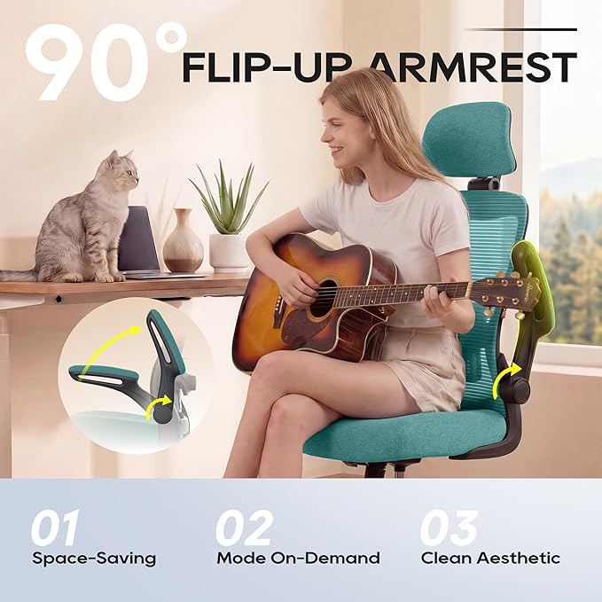 Office Chair, Ergonomic Mesh Desk Chair with Adjustable Lumbar Support and Headrest, Flip-up Armrests, High Back Computer Task Chair for Home and Executive Office (B-All Green)