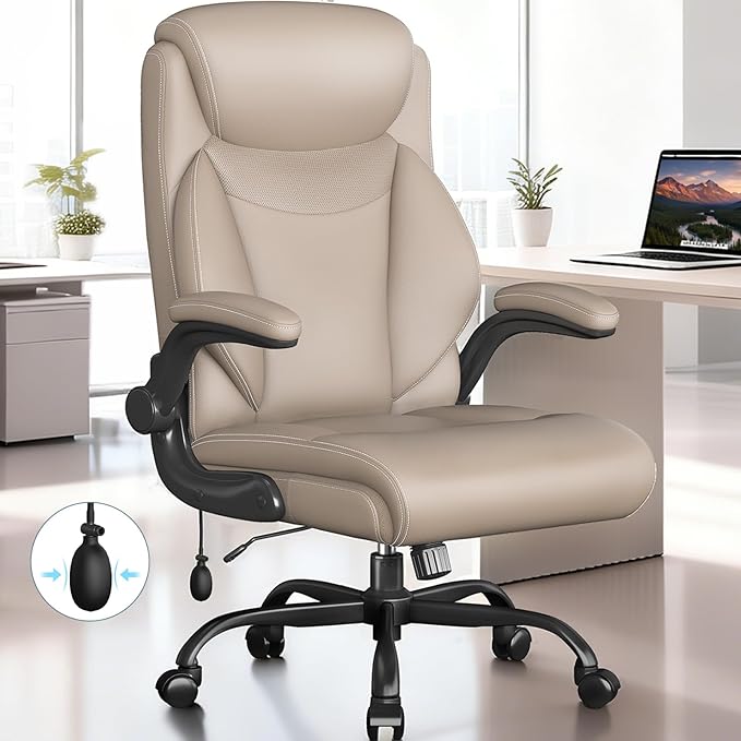 Ergonomic Office Chair, Home Desk Computer Chair, High Back Executive Chair，Padded Leather Ergonomic Computer Desk Chair with Inflatable Lumbar Support & Flip-Up Arms, Swivel Chair,Beige