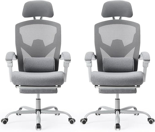 Sweetcrispy Office Computer Desk Chair Set of 2, Ergonomic High-Back Mesh Rolling Work Swivel Chairs with Wheels, Comfortable Lumbar Support, Comfy Arms for Home, Bedroom, Study, Student, Light Grey