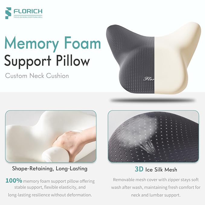 FLORICH Car Seat Cushion and Lumbar Support Pillow for Office Chair Car, Neck Headrest Pillow, Ergonomic Memory Foam, Pressure-Relieving Back Support for Car, Office Chair & Wheelchair – Gray
