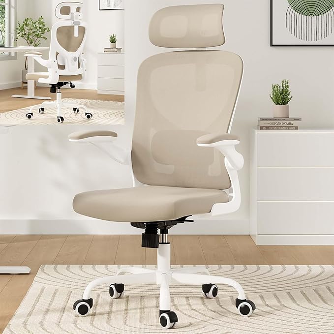 Ergonomic Mesh Office Chairs with Lumbar Support and Adjustable Headrest, High Back Comfortable Computer Desk Chair with Wheels and Armrests, Home Office Rolling Gaming Chair, Max Load 350 lbs (Khaki)