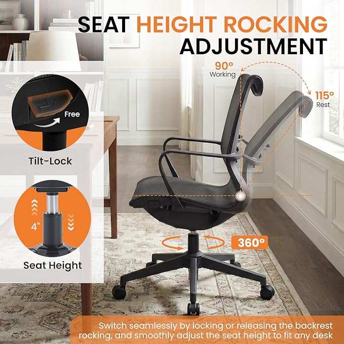 LuxErgo Ergonomic Mesh Office Chair, Mid Back Desk Chair with Lumbar Support & Armrests, Height Adjustable, 115° Recline, 360° Swivel Rolling Task Chairs for Home Office, Black