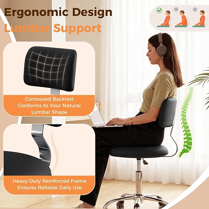 Rolling Stool Chair with Wheels, Office Drafting Chair with Back Support, Height Adjustable Standing Desk Stool with PU Leather Cushion for Home Office Kitchen Vanity Spa Garage Tattoo Dentist, Black