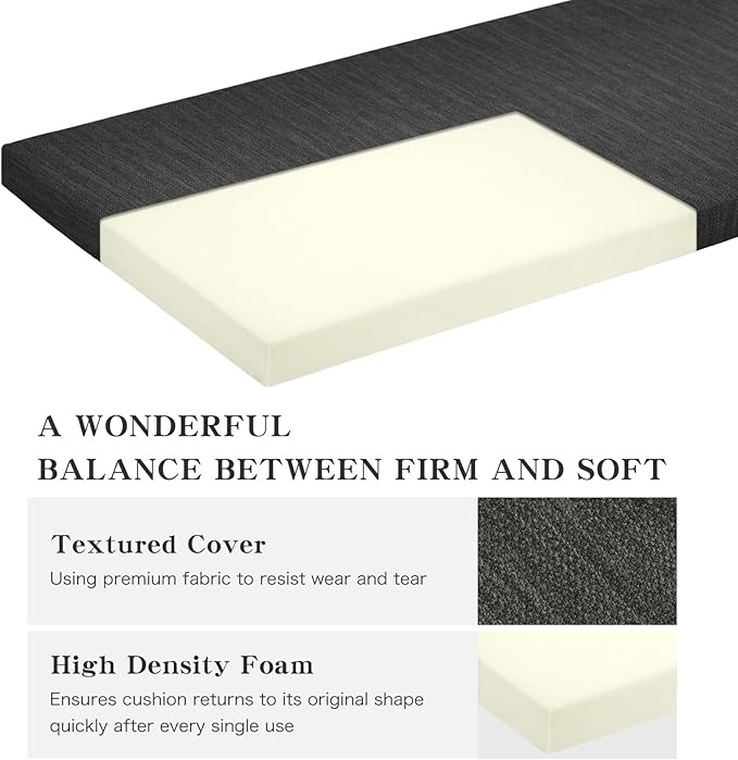 baibu 48 Inch Classic Solid Color Bench Cushion with Ties, Non-Slip Indoor Outdoor Rectangle Bench Seat Cushion Standard Size Foam Pad with Machine Washable Cover (Black, 48x16x1.5in)