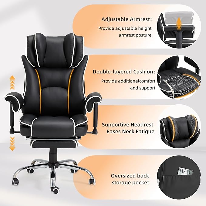 HOMREST 6-Point Massage Office Chair with Heat, Heated Reclining Executive Desk Chair with 155°Tilt Adjustable Armrests, Ergonomic High Back Computer Chair for Home Office, Black and White