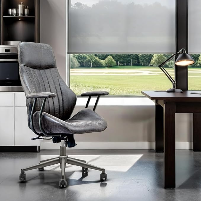High Back Home Office Chair, Mid Century Vintage Executive Chair,Comfy Ergonomic Rolling Office Task Chair with Lumbar Support,Faux Leather Office Chair,Dark Gray