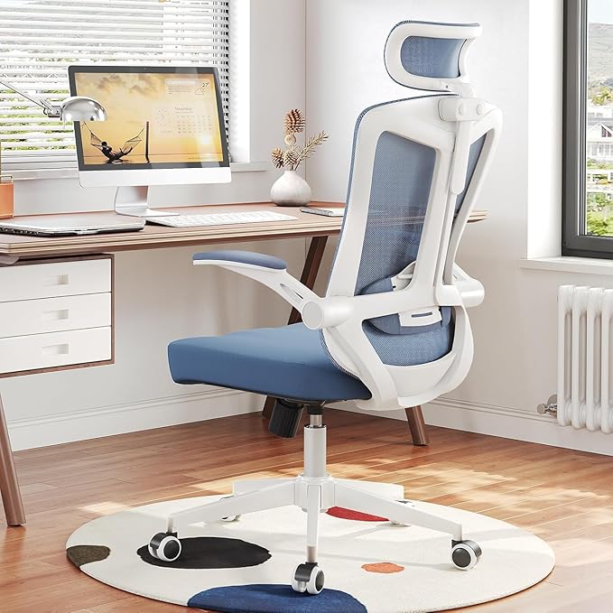 350 LBS Ergonomic Office Computer Mesh Chair - Adjustable Height Rolling Desk Chair with Flip-Up Armrests & High Back Support - Comfortable Swivel Task Chair for Home Office (03BLUE)