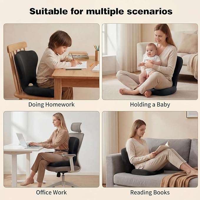 Adjustable Foldable Chair Cushions with Backrest, Lumbar Support Cushion with Detachable Headrest Pillow, Ergonomic Support Seat Cushion Chair for Office, Home, Car & Floor Sitting (Black)
