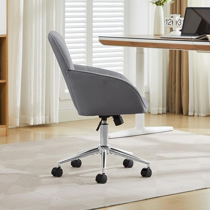 Velvet Home Office Desk Chair, Modern Cute Computer Task Chair with Back, Height Adjustable Upholstered Vanity Chair with Swivel Wheels for Women, Girls (Silver Base, Gray