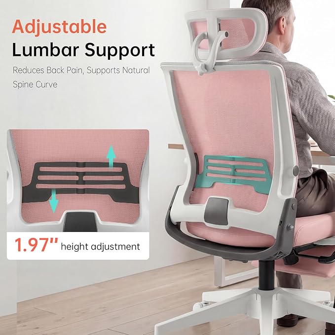 Foldable Office Chair with Foot Rest, Ergonomic Office Chair with Adjustable Lumbar Support, Headrest, Armrest, Home Office Desk Chair for Space Saving, Work from Home, Pink