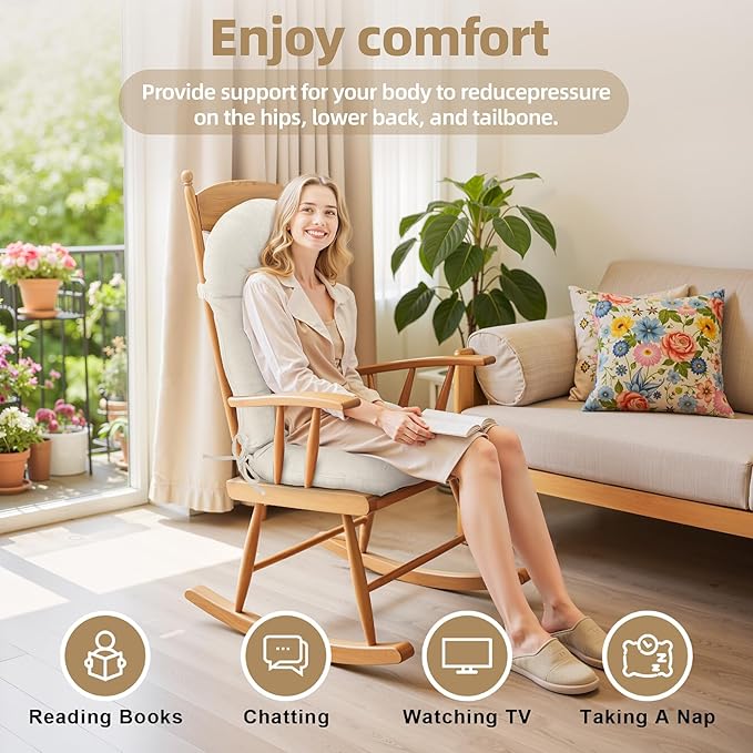 Rocking Chair Cushion - Plaid Corduroy Fabric, High-Density Sponge, Durable Comfort Non-Slip Bottom Tufted Seat Pads with Ties, Plaid Corduroy︱White, 44x19x4 inch