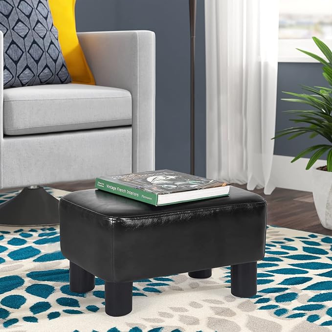 Joveco Small Footstool Ottoman Footrest Modern Rectangular Footstools for Living Room Bedroom (Black PU Leather)