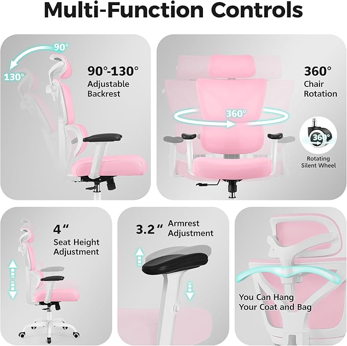 Ergonomic Office Chair High Back Desk Chair with Lumbar Support, Breathable Mesh Computer Chair with Adjustable Armrests Height, Reclining Swivel Big and Tall Gaming Chair for Home Office(Pink)