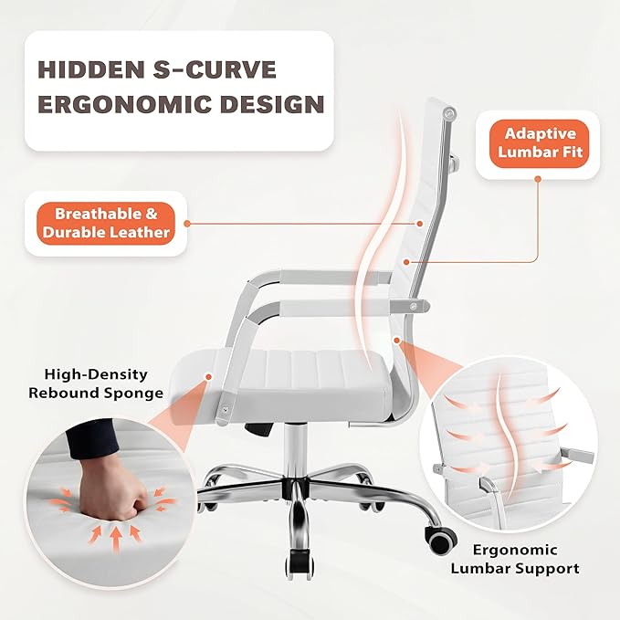 Furmax Ergonomic Office Desk Chair, Executive Ribbed Mid-Back PU Leather Conference Room Chair Adjustable Swivel Chair with Arms (1, White)