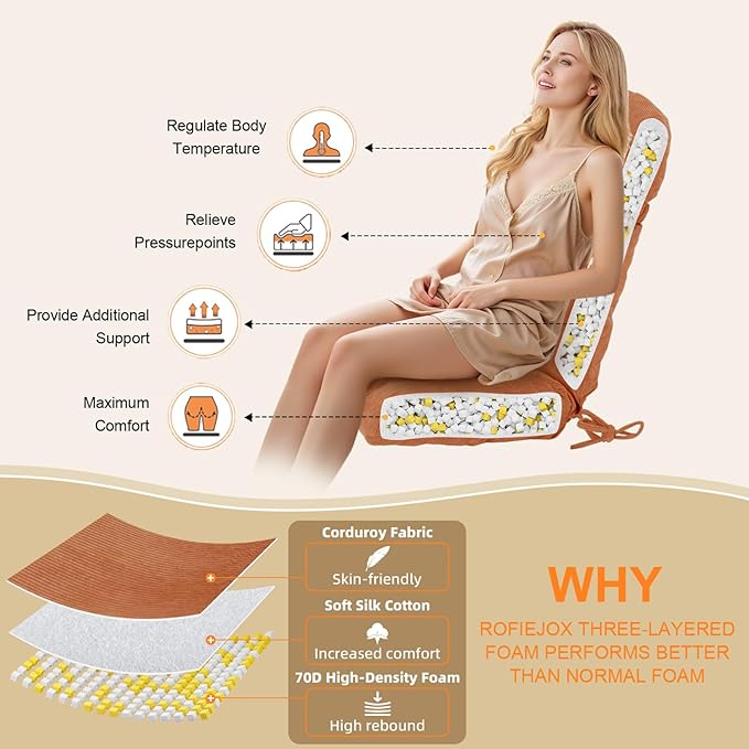 Rocking Chair Cushion - Corduroy Fabric, High-Density Sponge, Durable Comfort Non-Slip Bottom Tufted Seat Pads with Ties, Corduroy︱Brown, 44x19x4 inch