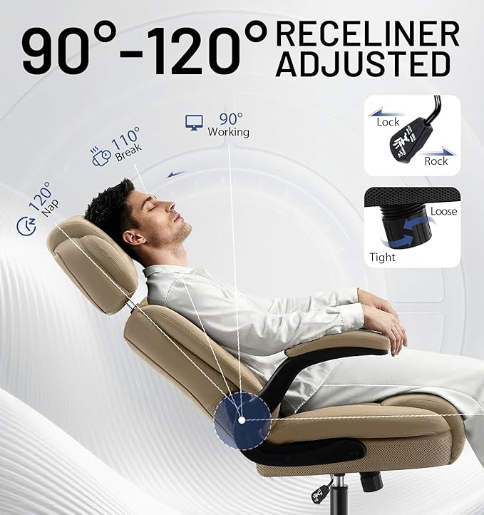 AreShark Ergonomic Office Chair with Lumbar Support, 400lbs Heavy Duty Big and Tall Executive Desk Chair, PU Leather High Back Computer Chair with Flip-Up Arms & Adjustable Headrest, Khaki